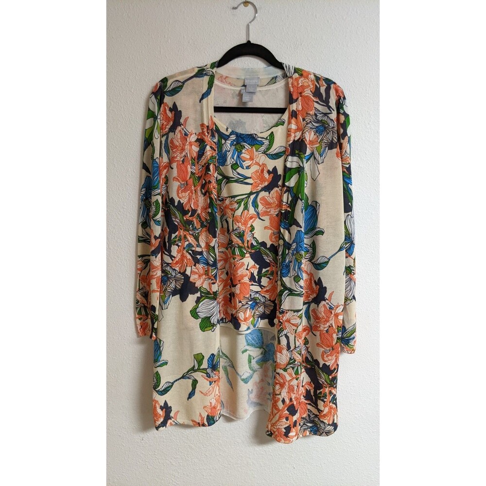 CHICO'S Floral Print Cotton Blend 2-Piece Shell and Long Duster Sweater M